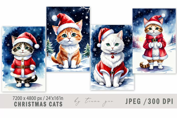 Christmas cat in Santa hat illustrations for posters- 4 Jpeg