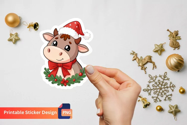 Christmas Cute Cow Sticker, Cute Farm Animal Sticker