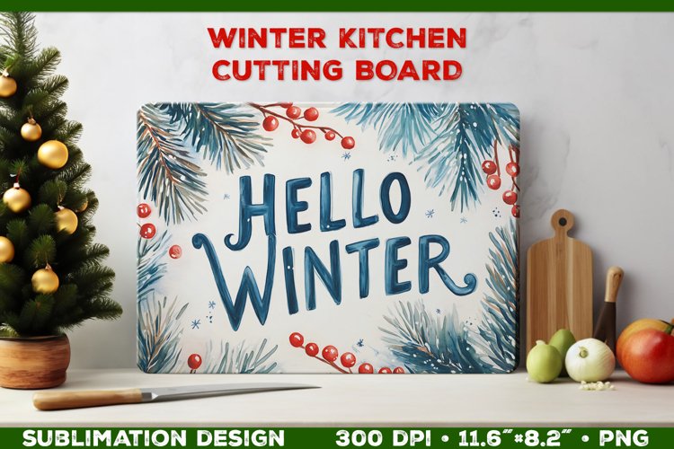 Hello Winter Watercolor Cutting Board Sublimation Design PNG example image 1