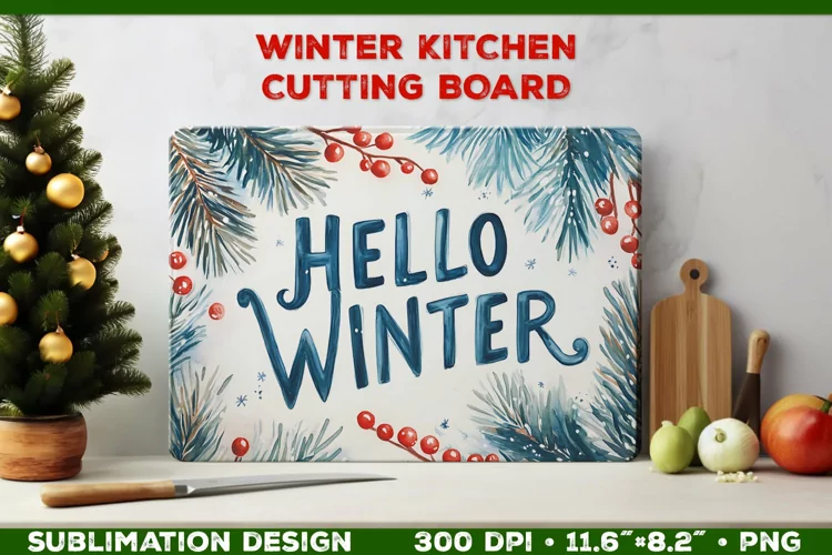 Hello Winter Watercolor Cutting Board Sublimation Design PNG