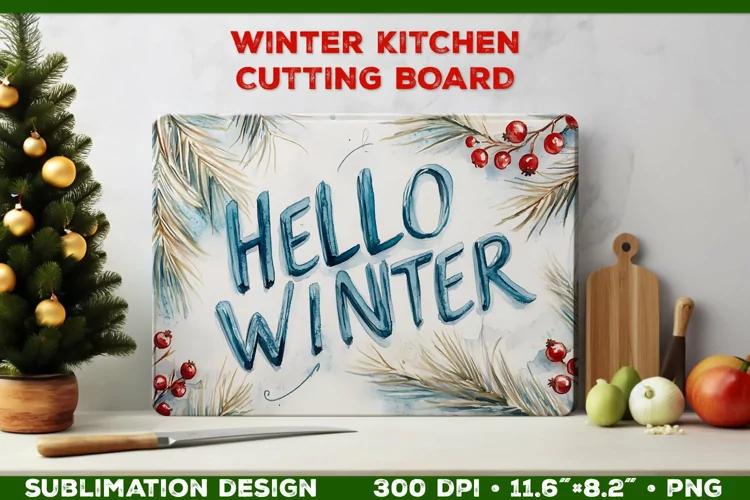 Hello Winter Watercolor Cutting Board Sublimation Design PNG