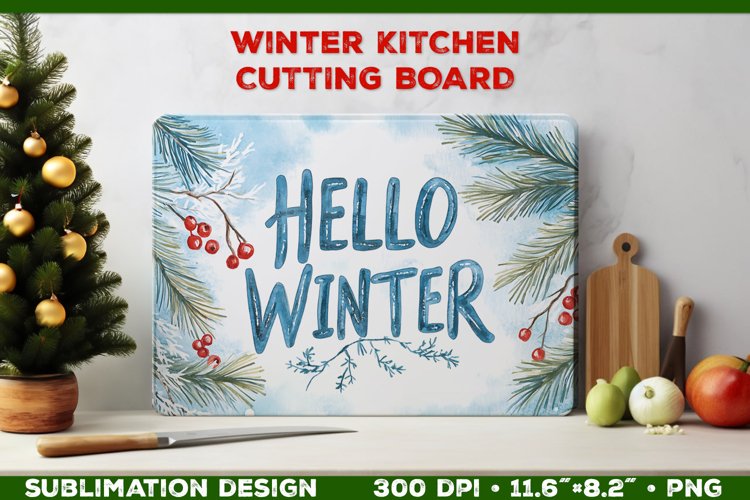 Hello Winter Watercolor Cutting Board Sublimation Design PNG example image 1