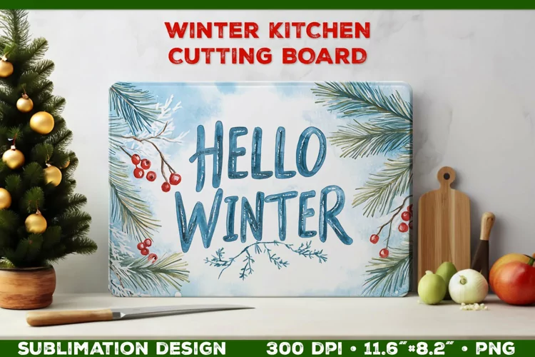 Hello Winter Watercolor Cutting Board Sublimation Design PNG