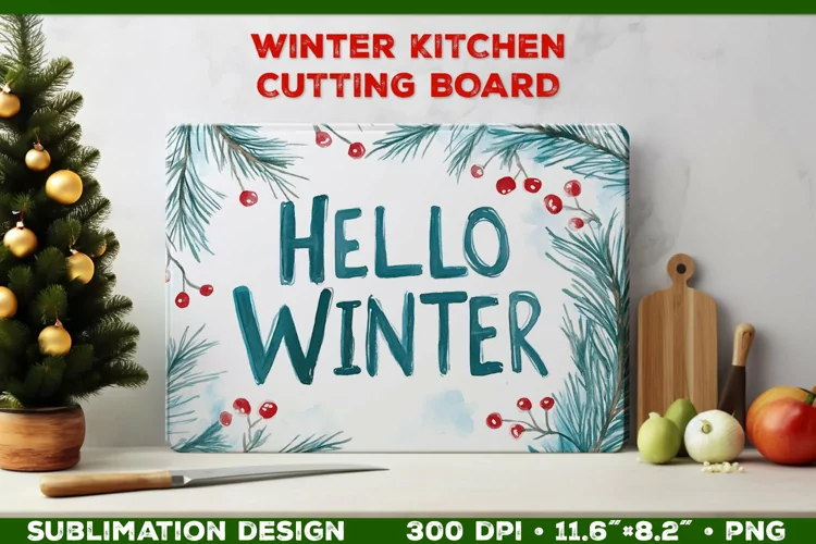 Hello Winter Watercolor Cutting Board Sublimation Design PNG