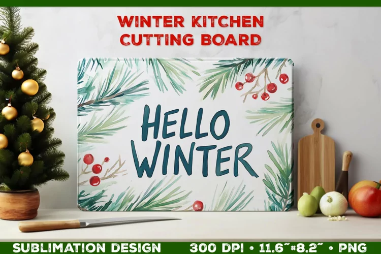 Hello Winter Watercolor Cutting Board Sublimation Design PNG