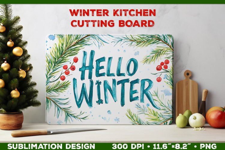 Hello Winter Watercolor Cutting Board Sublimation Design PNG example image 1