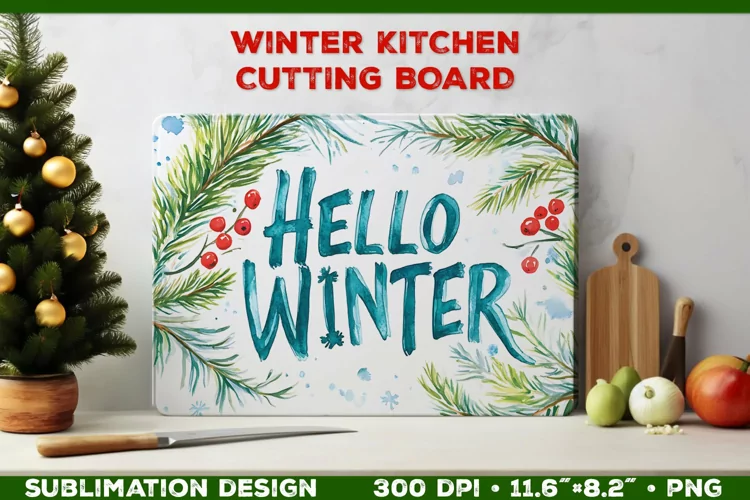 Hello Winter Watercolor Cutting Board Sublimation Design PNG