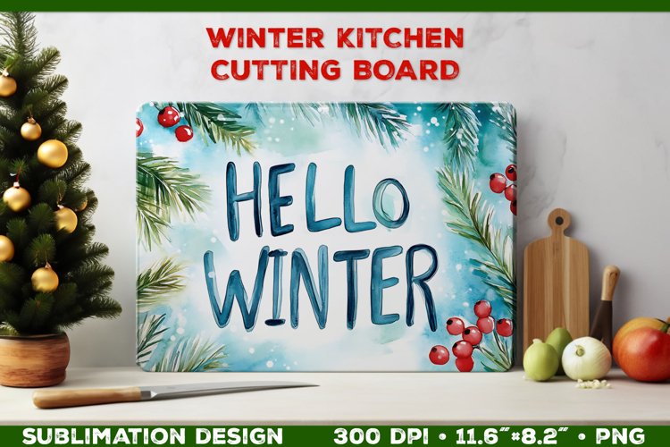 Hello Winter Watercolor Cutting Board Sublimation Design PNG example image 1