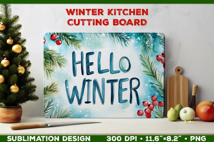 Hello Winter Watercolor Cutting Board Sublimation Design PNG