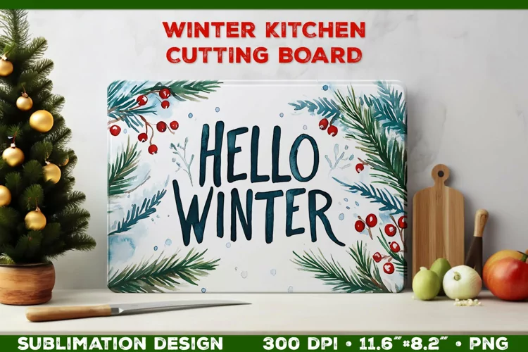 Hello Winter Watercolor Cutting Board Sublimation Design PNG
