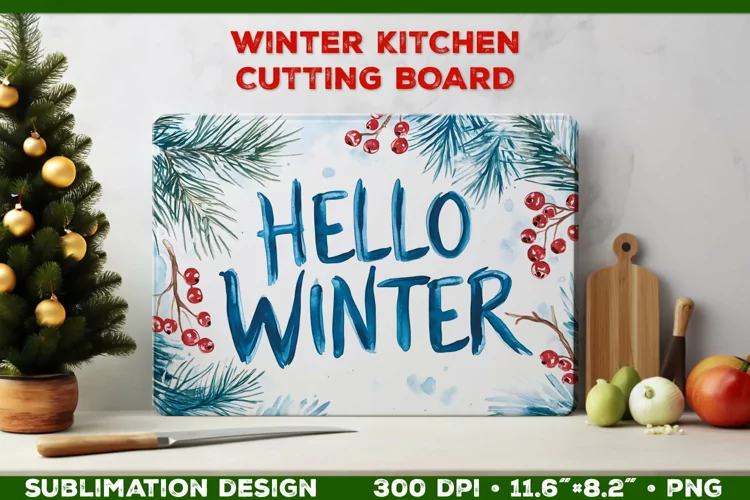 Hello Winter Watercolor Cutting Board Sublimation Design PNG