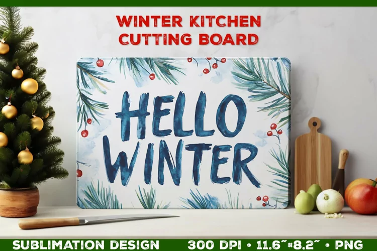 Hello Winter Watercolor Cutting Board Sublimation Design PNG