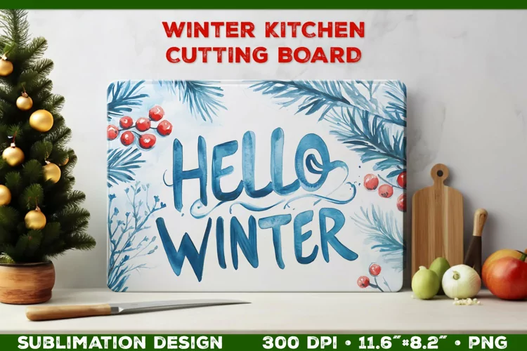 Hello Winter Watercolor Cutting Board Sublimation Design PNG