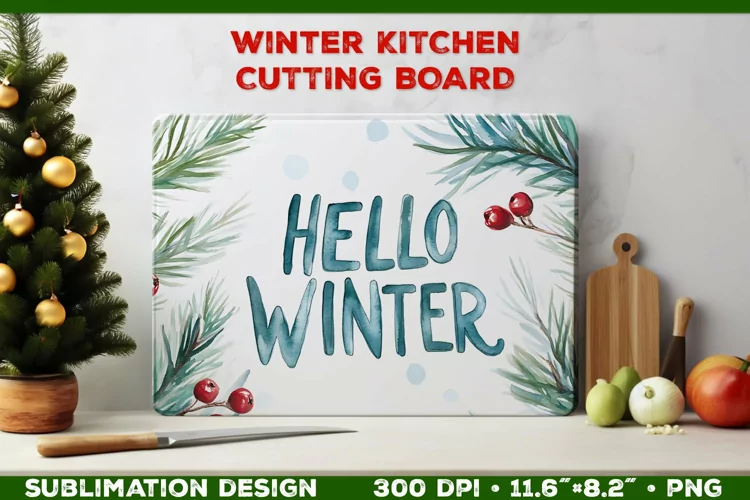 Hello Winter Watercolor Cutting Board Sublimation Design PNG