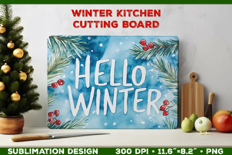 Hello Winter Watercolor Cutting Board Sublimation Design PNG