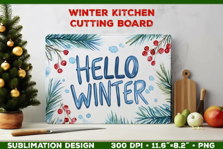 Hello Winter Watercolor Cutting Board Sublimation Design PNG
