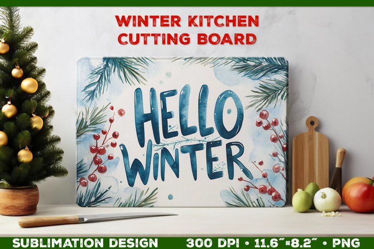 Hello Winter Watercolor Cutting Board Sublimation Design PNG example image 1