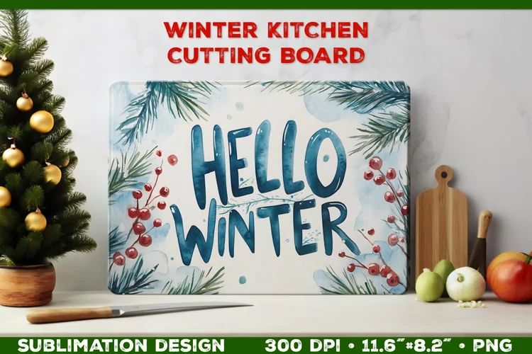 Hello Winter Watercolor Cutting Board Sublimation Design PNG