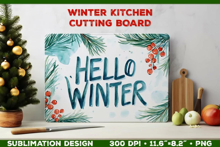 Hello Winter Watercolor Cutting Board Sublimation Design PNG