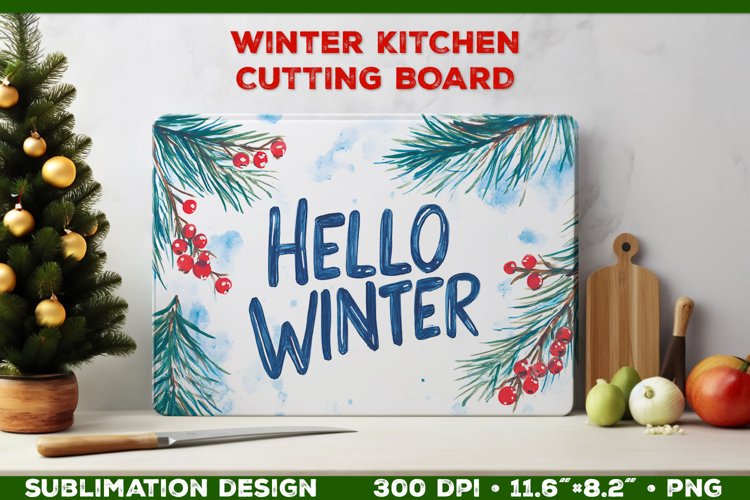 Hello Winter Watercolor Cutting Board Sublimation Design PNG example image 1