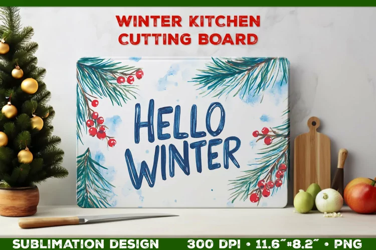 Hello Winter Watercolor Cutting Board Sublimation Design PNG