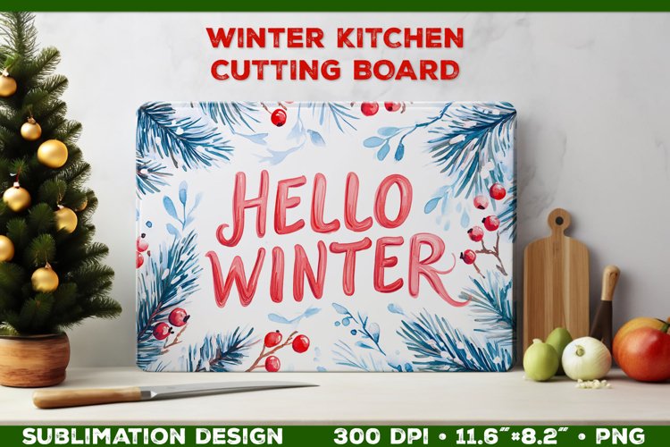 Hello Winter Watercolor Cutting Board Sublimation Design PNG example image 1