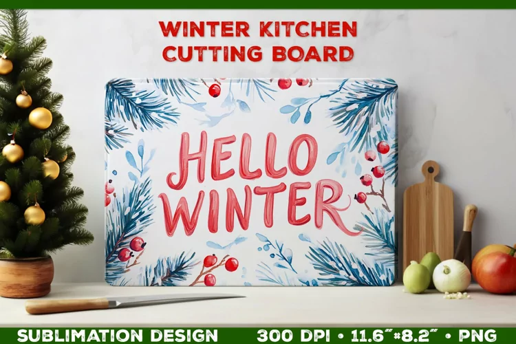 Hello Winter Watercolor Cutting Board Sublimation Design PNG