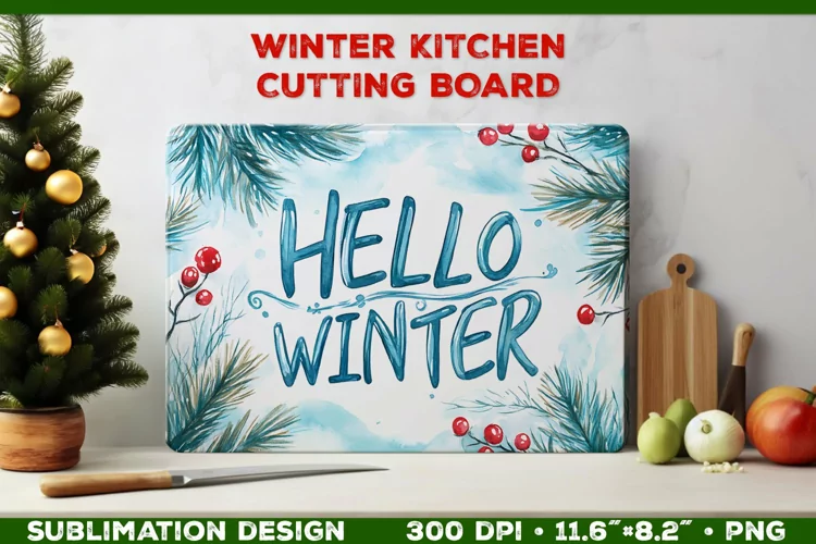Hello Winter Watercolor Cutting Board Sublimation Design PNG