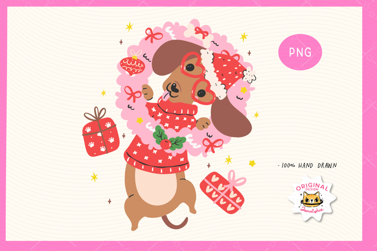 Cute Christmas Dachshund Dog in Wreath Sublimation PNG