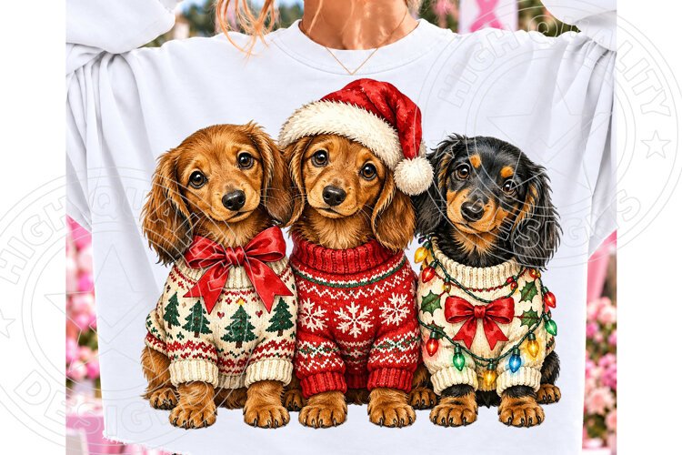 Christmas Dachshund Puppies PNG | Cute Christmas Dog Sweater example image 1