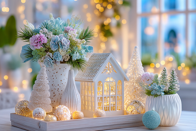 Cozy Christmas decor with glowing lights. High quality photo