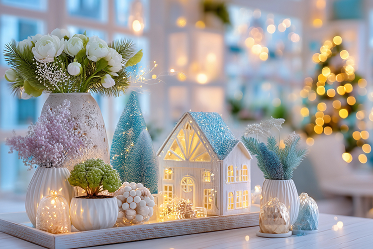 Cozy Christmas decor with glowing lights. High quality photo