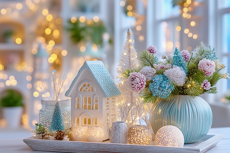 Cozy Christmas decor with glowing lights. High quality photo