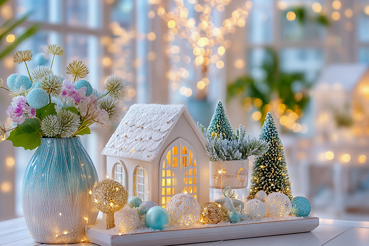 Cozy Christmas decor with glowing lights. High quality photo