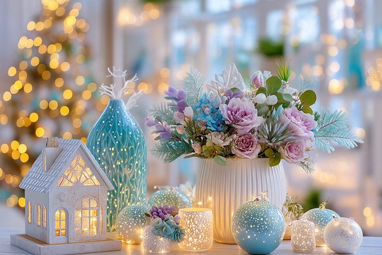 Cozy Christmas decor with glowing lights. High quality photo