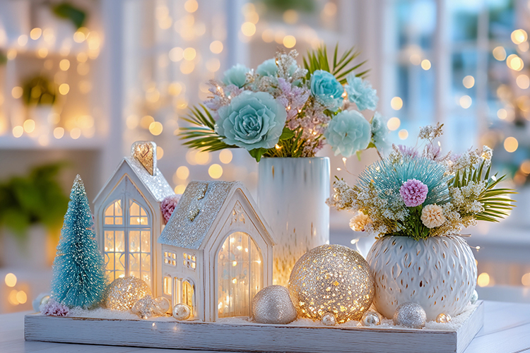 Cozy Christmas decor with glowing lights. High quality photo