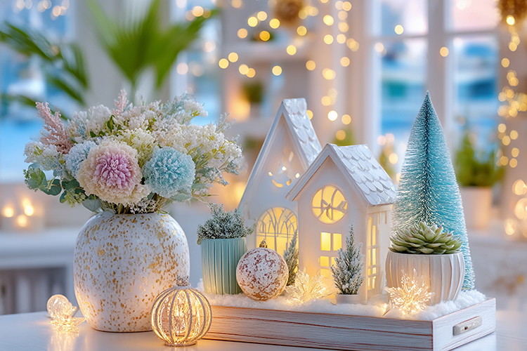 Cozy Christmas decor with glowing lights. High quality photo