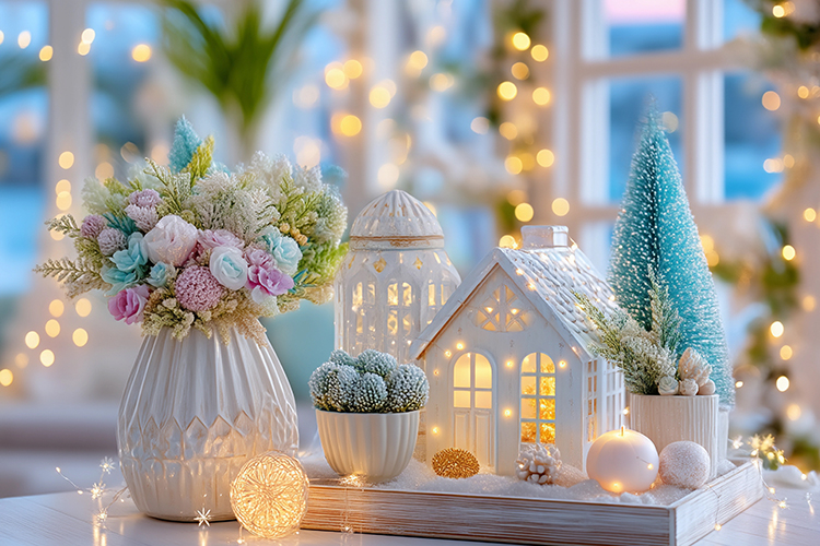 Cozy Christmas decor with glowing lights. High quality photo