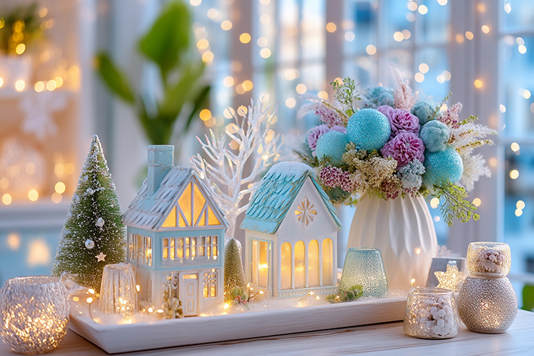 Cozy Christmas decor with glowing lights. High quality photo