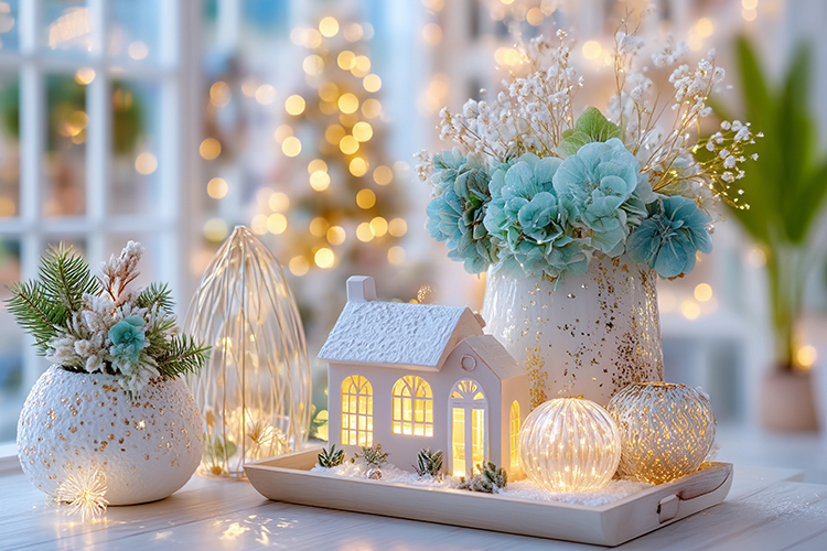 Cozy Christmas decor with glowing lights. High quality photo