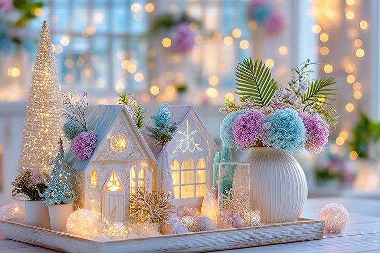 Cozy Christmas decor with glowing lights. High quality photo