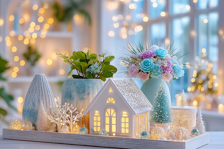 Cozy Christmas decor with glowing lights. High quality photo