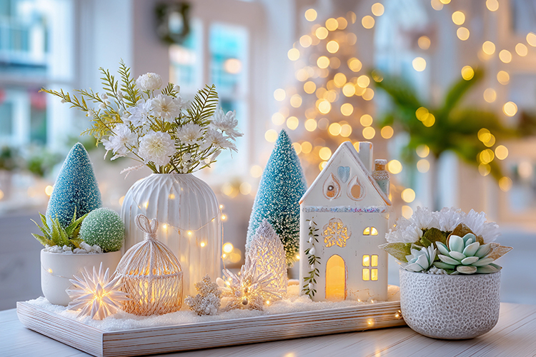 Cozy Christmas decor with glowing lights. High quality photo