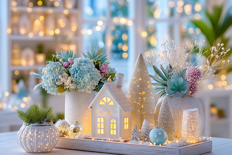 Cozy Christmas decor with glowing lights. High quality photo