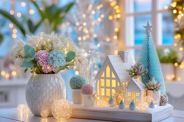 Cozy Christmas decor with glowing lights. High quality photo