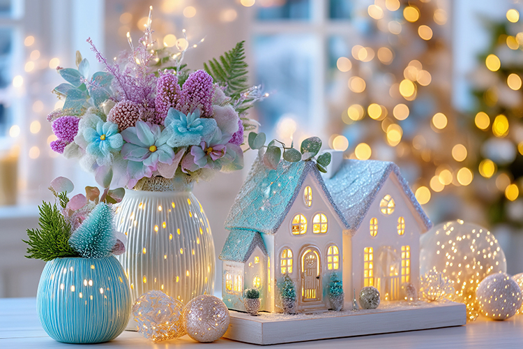 Cozy Christmas decor with glowing lights. High quality photo