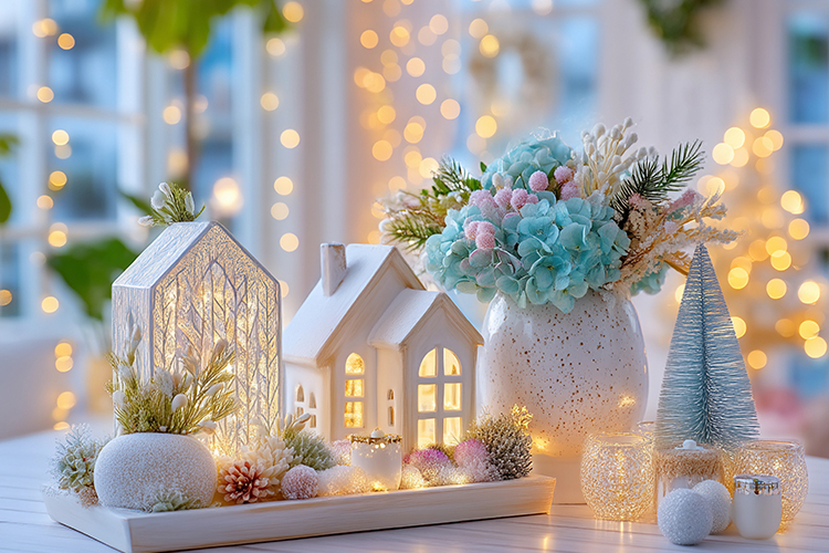 Cozy Christmas decor with glowing lights. High quality photo