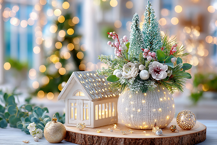Cozy Christmas decor with glowing lights. High quality photo