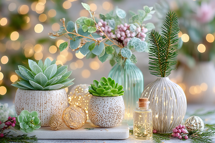Cozy Christmas decor with glowing lights. High quality photo