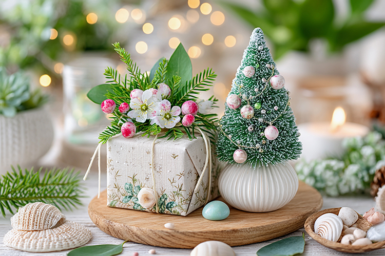 Cozy Christmas decor with glowing lights. High quality photo
